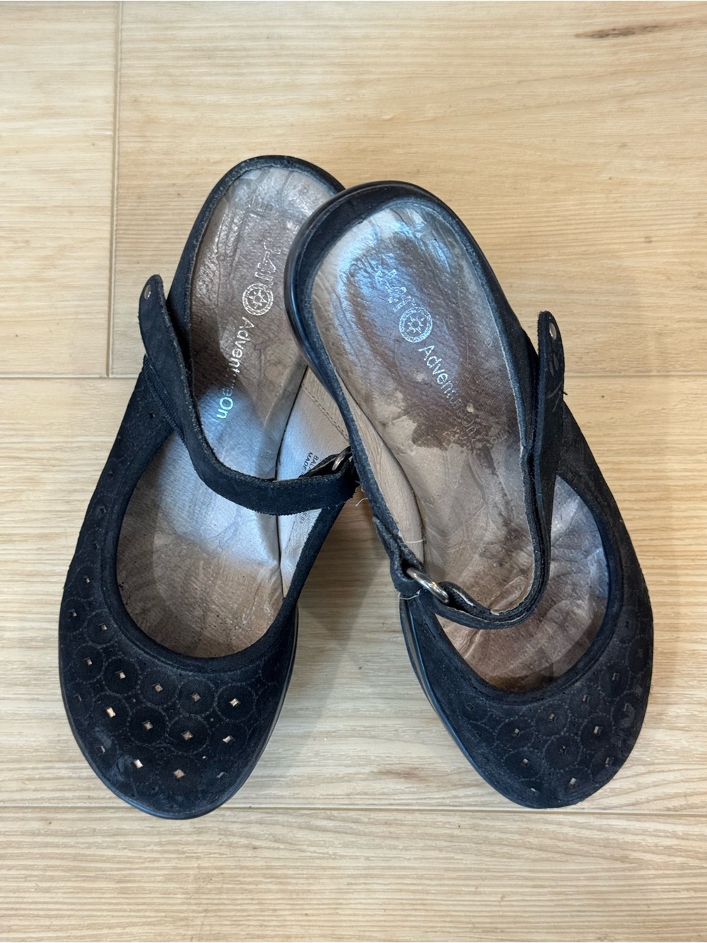 J-41 Black Suede Mary Jane Mules with Perforated Detail